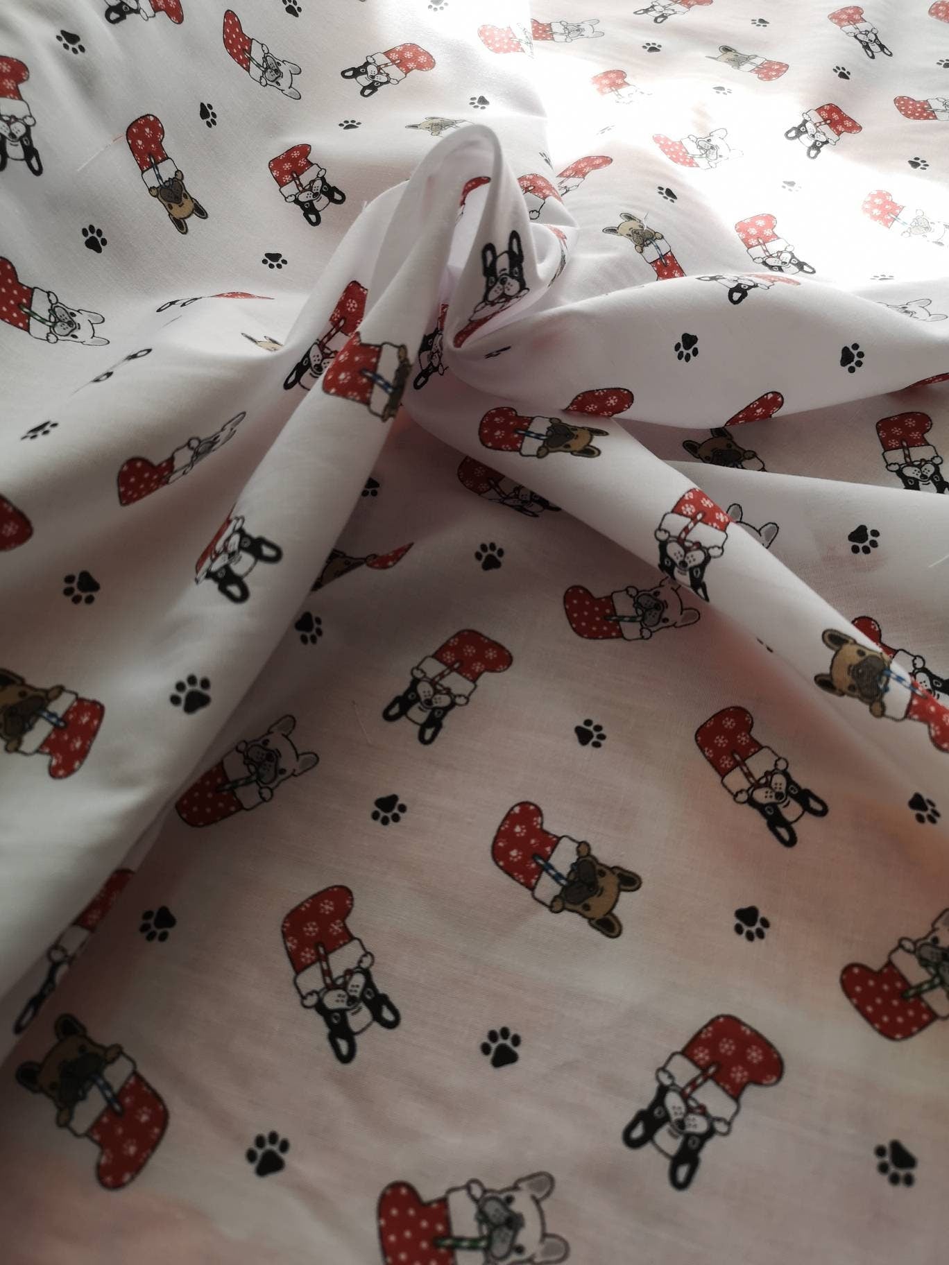 Christmas polycotton: frenchies, French bulldog, ho ho ho, gnomes