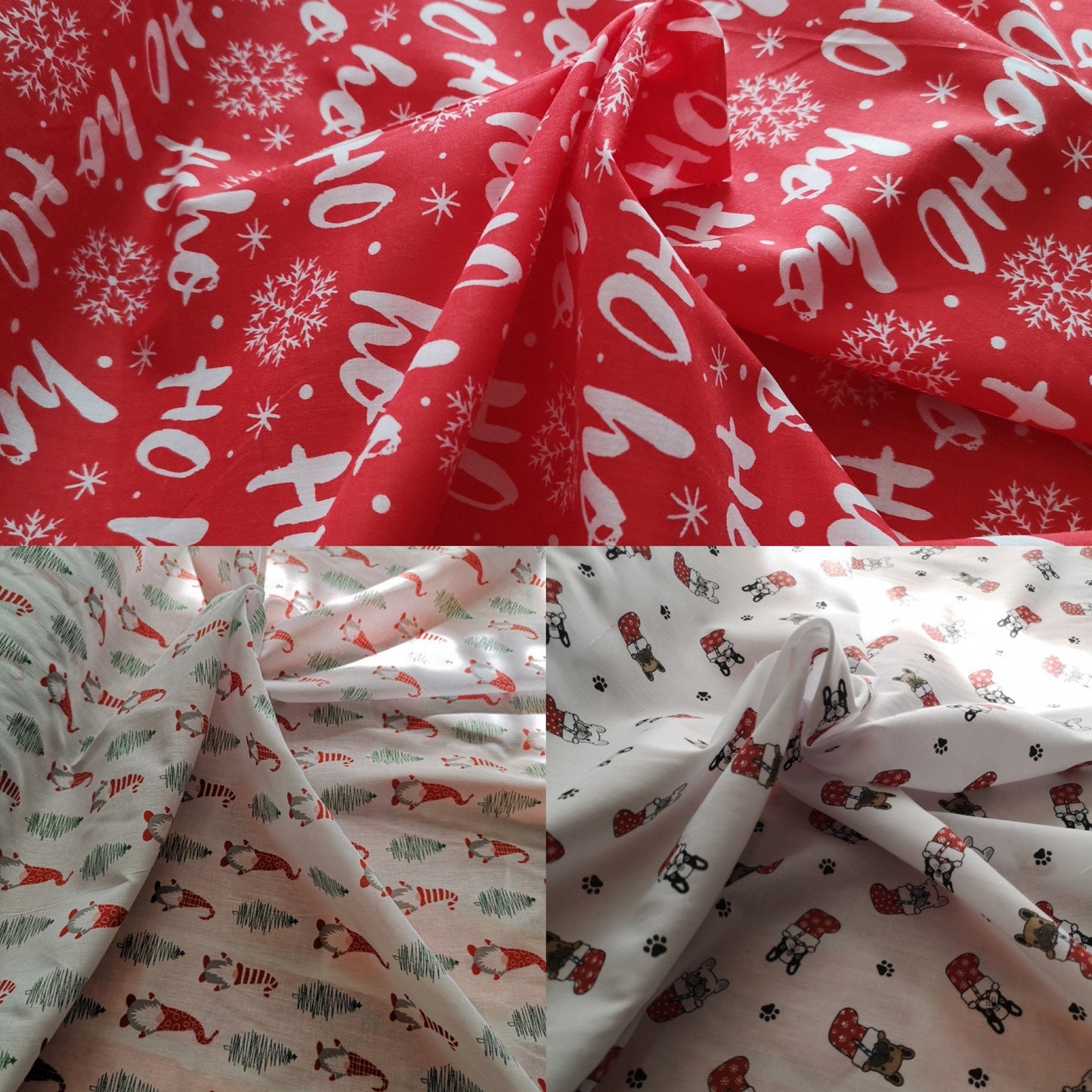 Christmas polycotton: frenchies, French bulldog, ho ho ho, gnomes