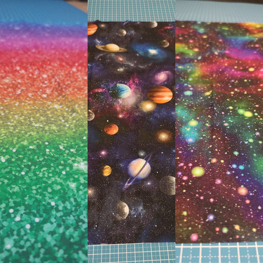 Little Johnny 100% cotton fabric: planets, universe, galaxy, rainbow, glitter