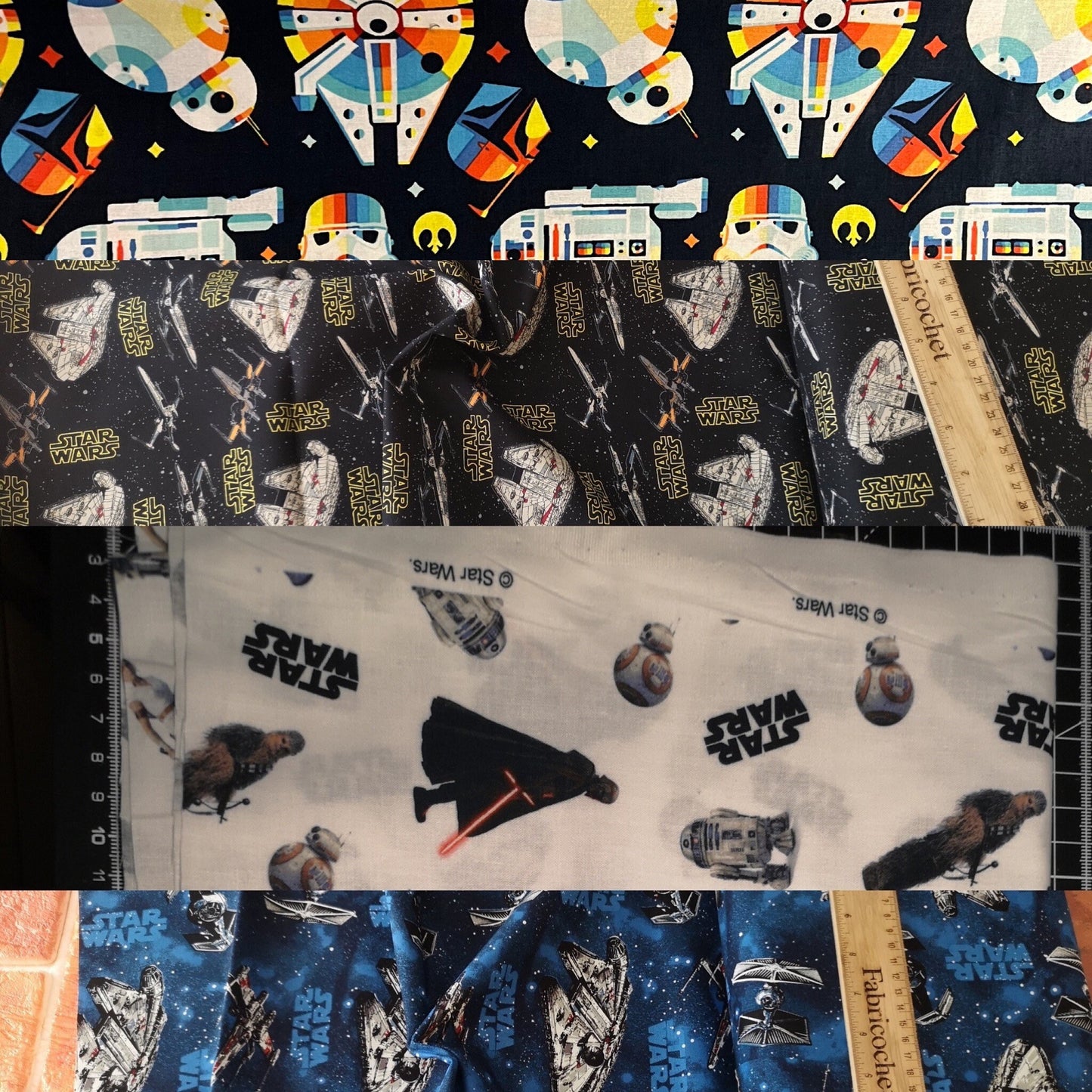 Licensed Star Wars fabric 100% cotton: millenium falcon, x-wing, tie fighter, chewie, bb-8, r2d2, rey, kylo ren