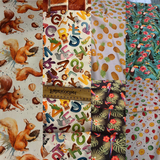 Rose & Hubble Cotton and Poplin Nature Prints: exotic birds, parrots, toucans, pineapple, tutti frutti, squirrels, animals, ABC