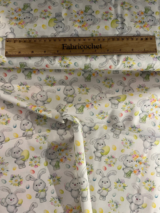 Easter cotton fabric: bunnies, eggs, flowers