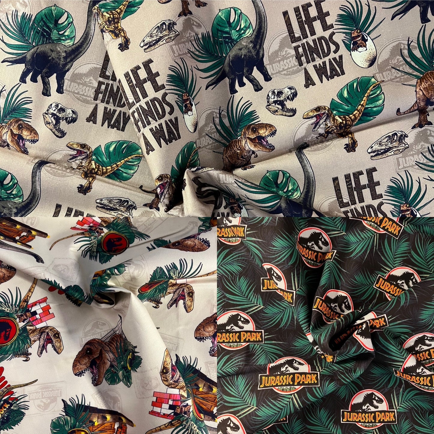 Licensed Jurassic Park fabric 100% cotton: logo, T-Rex, Life finds a way, dinosaurs